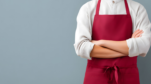 [alt=赤いエプロンをつけて腕組みをしている人物の画像。料理上手な人のイメージ。]
